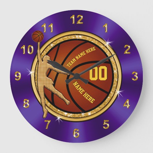 Purple and Gold Basketball Clock for Girls Team Grote Klok (Voorkant)