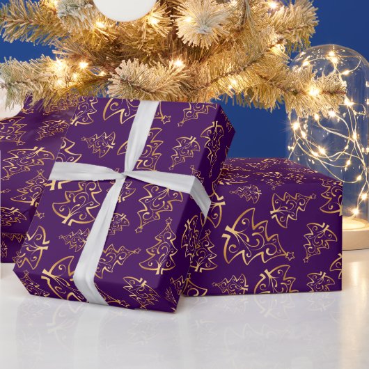 Purple and Gold Elegant Christmas Trees Cadeaupapier (Feestdagen)