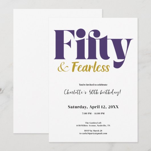Purple and Gold Fifty & Fearless 50th Birthday Kaart (Voorkant / Achterkant)