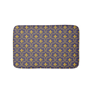 Purple and gold fleur-de-lys quatrefoil pattern badmat
