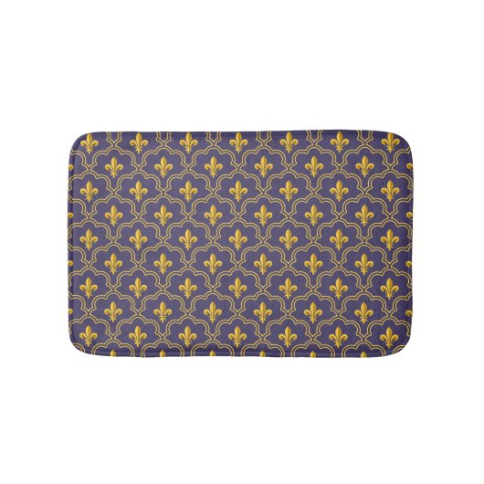 Purple and gold fleur-de-lys quatrefoil pattern badmat (Voorkant)