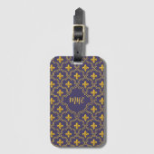 Purple and gold fleur-de-lys quatrefoil pattern bagagelabel (Voorkant (verticaal))
