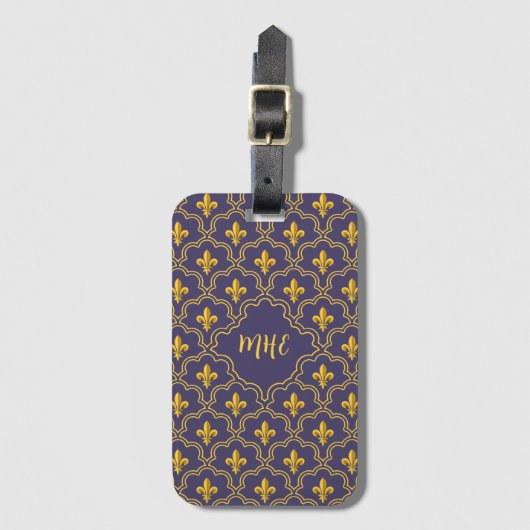 Purple and gold fleur-de-lys quatrefoil pattern bagagelabel (Voorkant (verticaal))