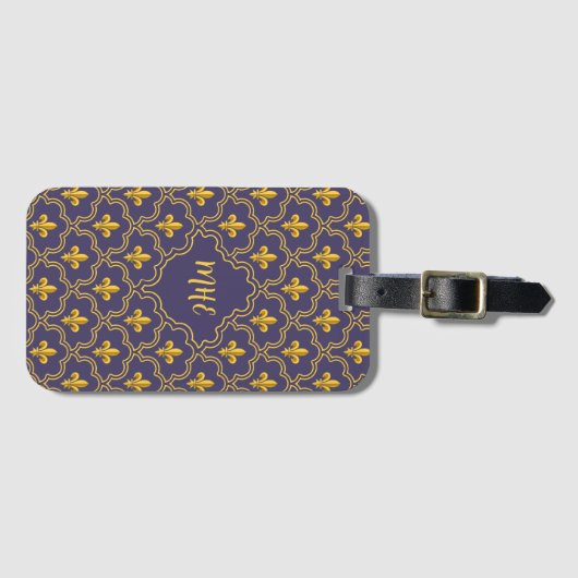 Purple and gold fleur-de-lys quatrefoil pattern bagagelabel (Voorkant (horizontaal))
