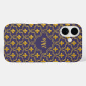 Purple and gold fleur-de-lys quatrefoil pattern Case-Mate iPhone case (Achterkant (horizontaal))