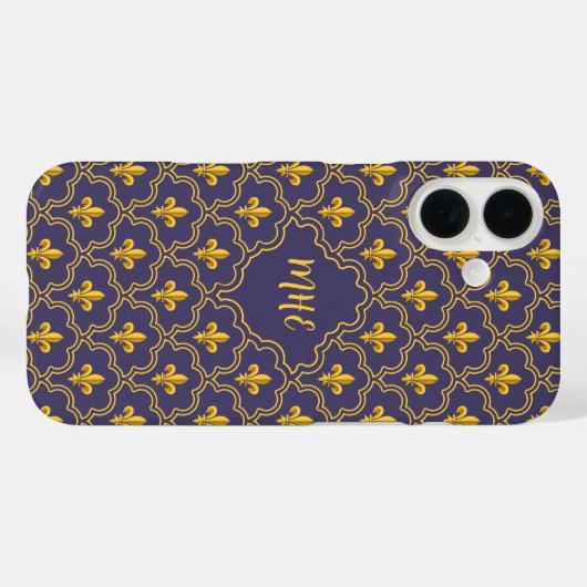 Purple and gold fleur-de-lys quatrefoil pattern Case-Mate iPhone case (Achterkant (horizontaal))