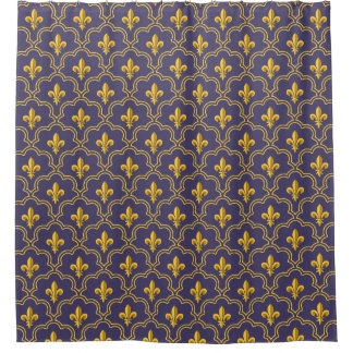 Purple and gold fleur-de-lys quatrefoil pattern douchegordijn