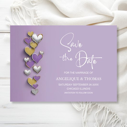 Purple and Gold Hearts Wedding Save the Date