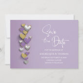 Purple and Gold Hearts Wedding Save the Date (Voorkant)