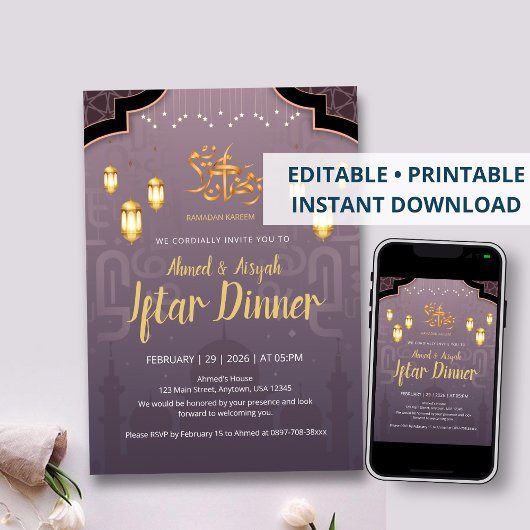 Purple and Gold Islamic Lanterns Iftar Invitation Kaart