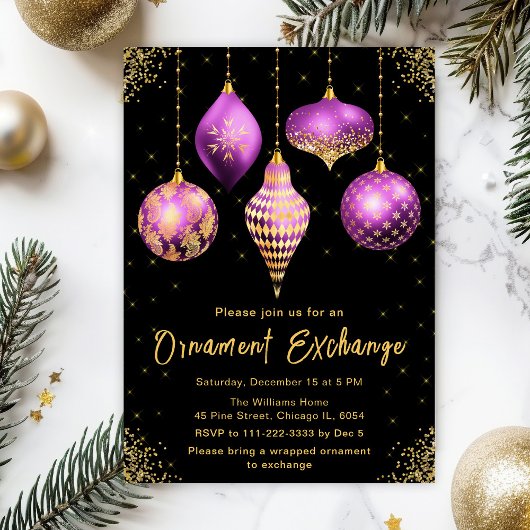 Purple and Gold Ornament Exchange Party Kaart