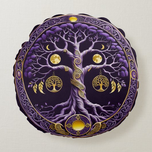 Purple and Gold Tree of Life Mandala Rond Kussen (Voorkant)