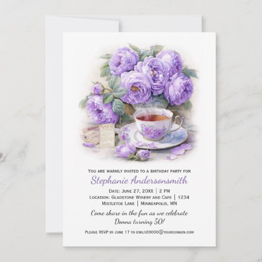 Purple and Lavender Peonies Tea Cup Birthday Party Kaart (Voorkant)