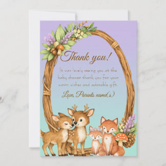 Purple and Mint Woodland Animal Baby Shower Thanks Kaart