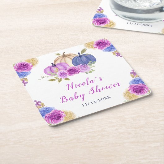 Purple and Navy Blue Floral Pumpkins Baby Shower Kartonnen Onderzetters (Schuin)