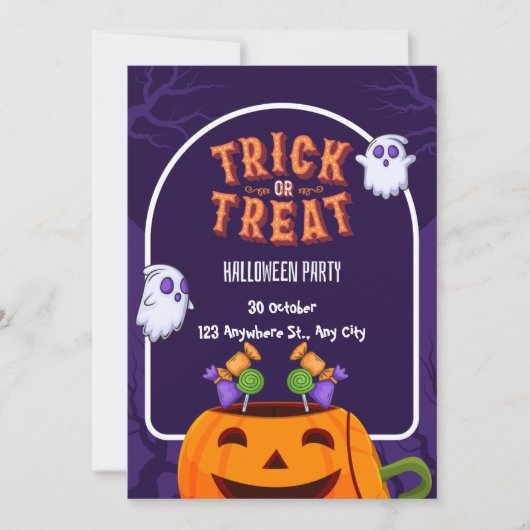 Purple And Orange Trick Or Treat Halloween Party  Kaart (Voorkant)