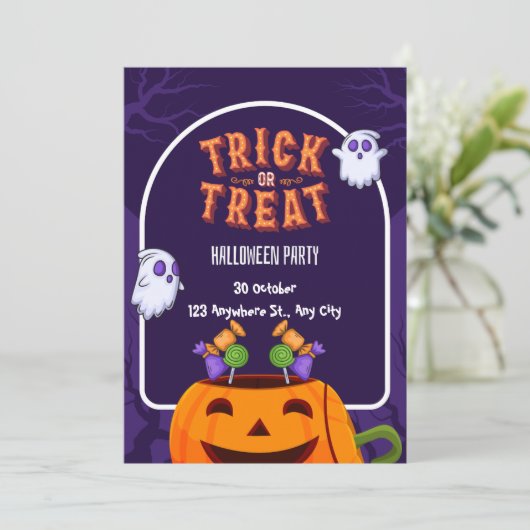 Purple And Orange Trick Or Treat Halloween Party  Kaart (Staand voorkant)