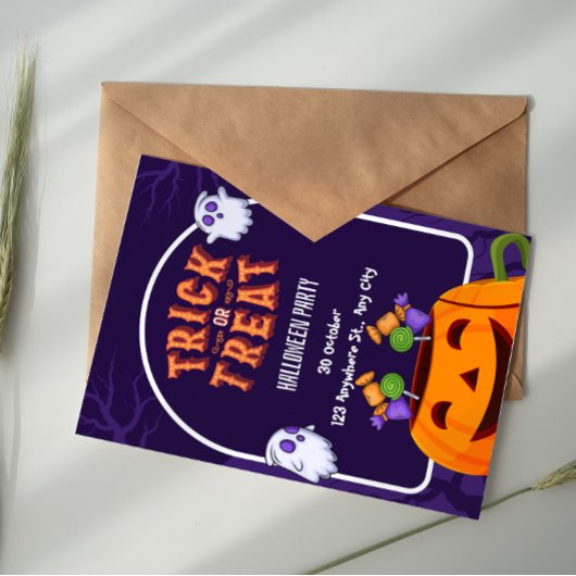 Purple And Orange Trick Or Treat Halloween Party  Kaart