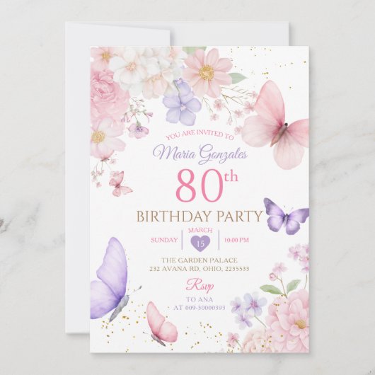Purple and Pink Floral Butterfly 80th Birthday Kaart (Voorkant)