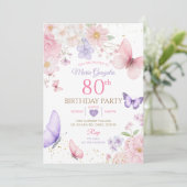 Purple and Pink Floral Butterfly 80th Birthday Kaart (Staand voorkant)
