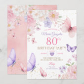 Purple and Pink Floral Butterfly 80th Birthday Kaart (Voorkant / Achterkant)