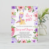 Purple and Pink Floral Dinosaur Baby Shower Kaart (Staand voorkant)