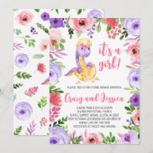 Purple and Pink Floral Dinosaur Baby Shower Kaart (Voorkant / Achterkant)