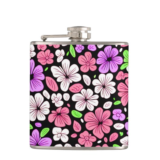 Purple and Pink Flowers and Petals Pattern Black Heupfles (Voorkant)