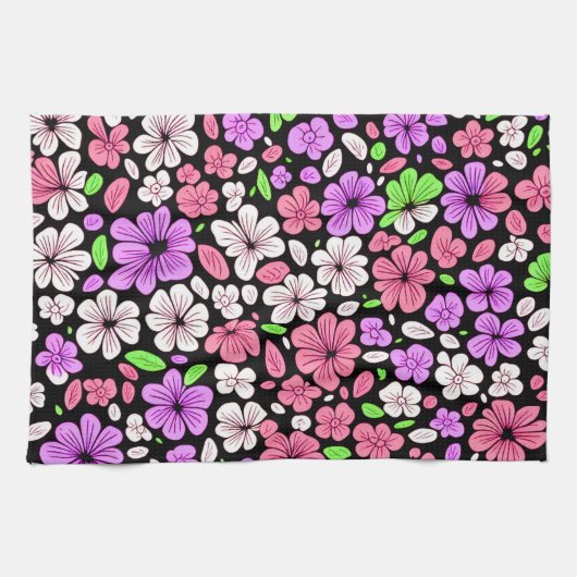Purple and Pink Flowers and Petals Pattern Black Theedoek (Horizontaal)