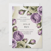 Purple and Sage Green Roses Painted Wedding Kaart (Voorkant)