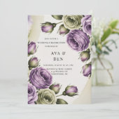 Purple and Sage Green Roses Painted Wedding Kaart (Staand voorkant)