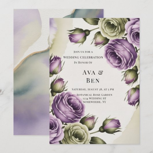 Purple and Sage Green Roses Painted Wedding Kaart (Voorkant / Achterkant)