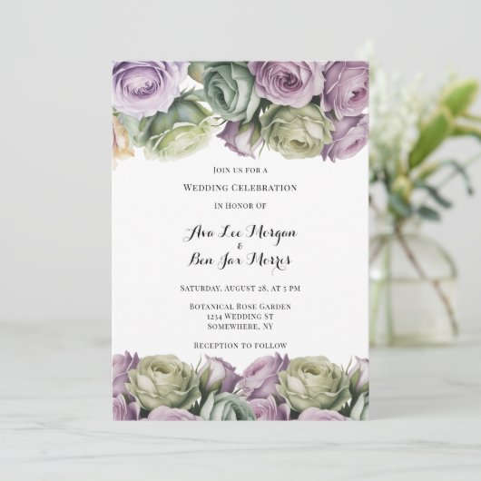 Purple and Sage Green Roses Painted Wedding Kaart (Staand voorkant)
