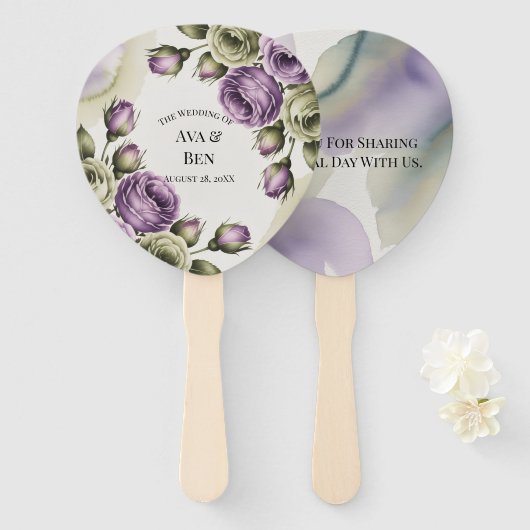 Purple and Sage Green Roses Watercolor Wedding Handwaaier (Voorkant en achterkant)