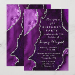 Purple and Silver Agate Marble Birthday Party Kaart