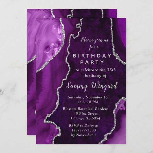 Purple and Silver Agate Marble Birthday Party Kaart (Voorkant / Achterkant)