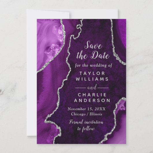 Purple and Silver Agate Marble Save The Date Kaart (Voorkant)