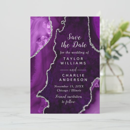 Purple and Silver Agate Marble Save The Date Kaart (Staand voorkant)