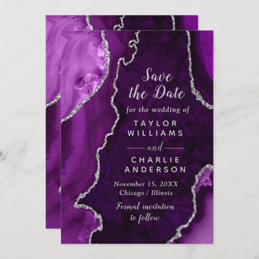 Purple and Silver Agate Marble Save The Date Kaart (Voorkant / Achterkant)