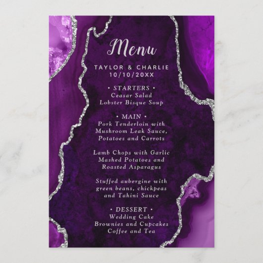 Purple and Silver Agate Marble Wedding Menu (Voorkant)