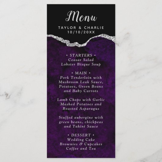 Purple and Silver Agate Marble Wedding Menu (Voorkant)