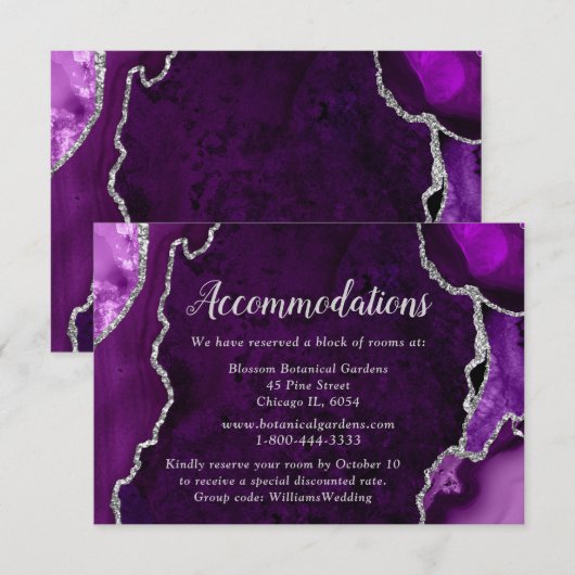 Purple and Silver Agate Wedding Accommodations Informatiekaartje (Voorkant / Achterkant)