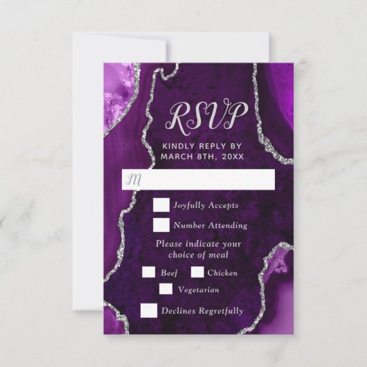 Purple and Silver Agate Wedding Meal Choice RSVP Kaartje (Voorkant)