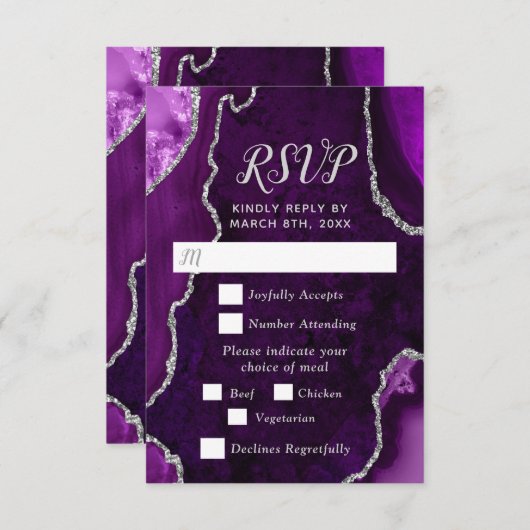 Purple and Silver Agate Wedding Meal Choice RSVP Kaartje (Voorkant / Achterkant)