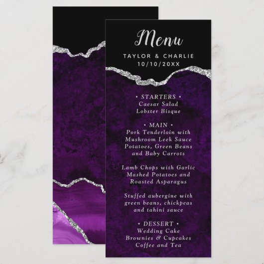 Purple and Silver Agate Wedding Menu (Voorkant / Achterkant)