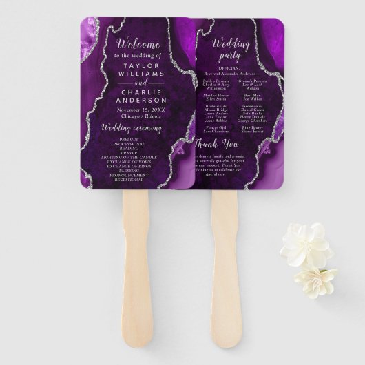 Purple and Silver Agate Wedding Program Handwaaier (Voorkant en achterkant)