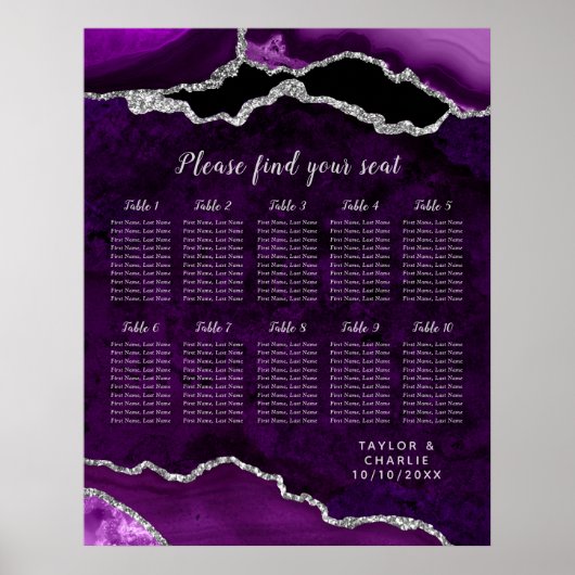 Purple and Silver Agate Wedding Seating Chart Poster (Voorkant)