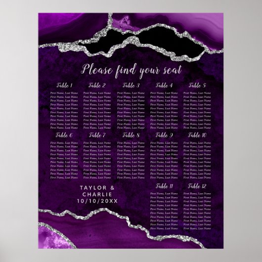 Purple and Silver Agate Wedding Seating Chart Poster (Voorkant)