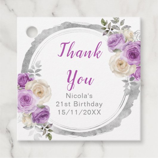Purple and Silver Elegant Flowers Birthday Bedankjes Labels (Voorkant)