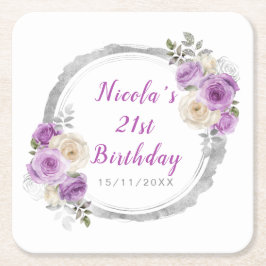Purple and Silver Elegant Flowers Birthday Kartonnen Onderzetters
